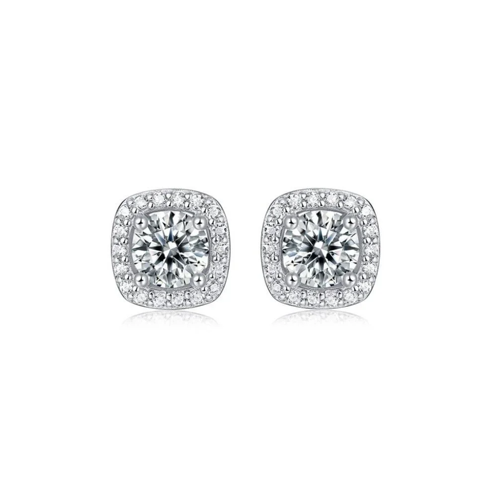 Certified 1ct. t.w. Moissanite Diamond Round Halo Stud Earrings NEW